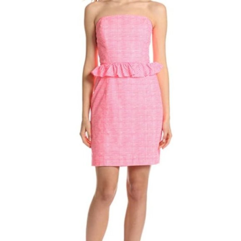 Lilly Pulitzer Lowe Fiesta Pink Gingham Strapless Peplum Dress
